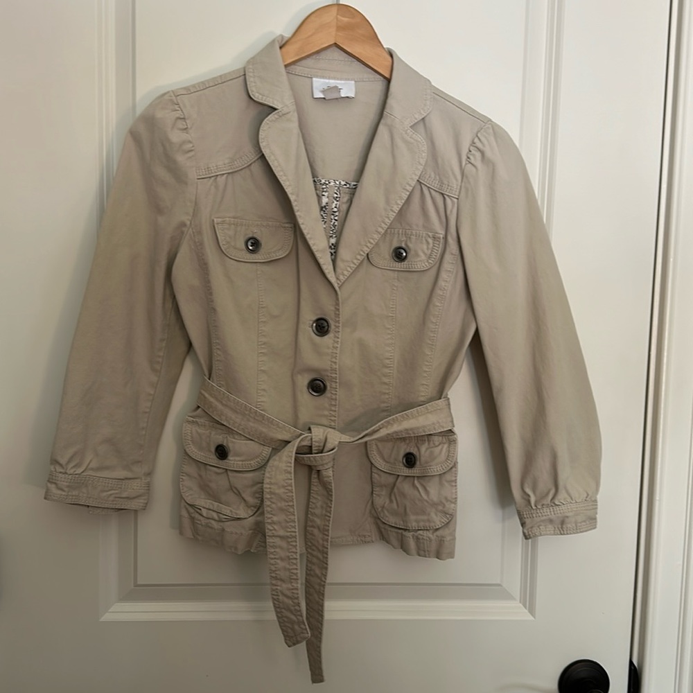 LOFT Slightly Cropped Khaki Button Up Jacket with Tie-Waist, 3/4 Sleeves, Medium